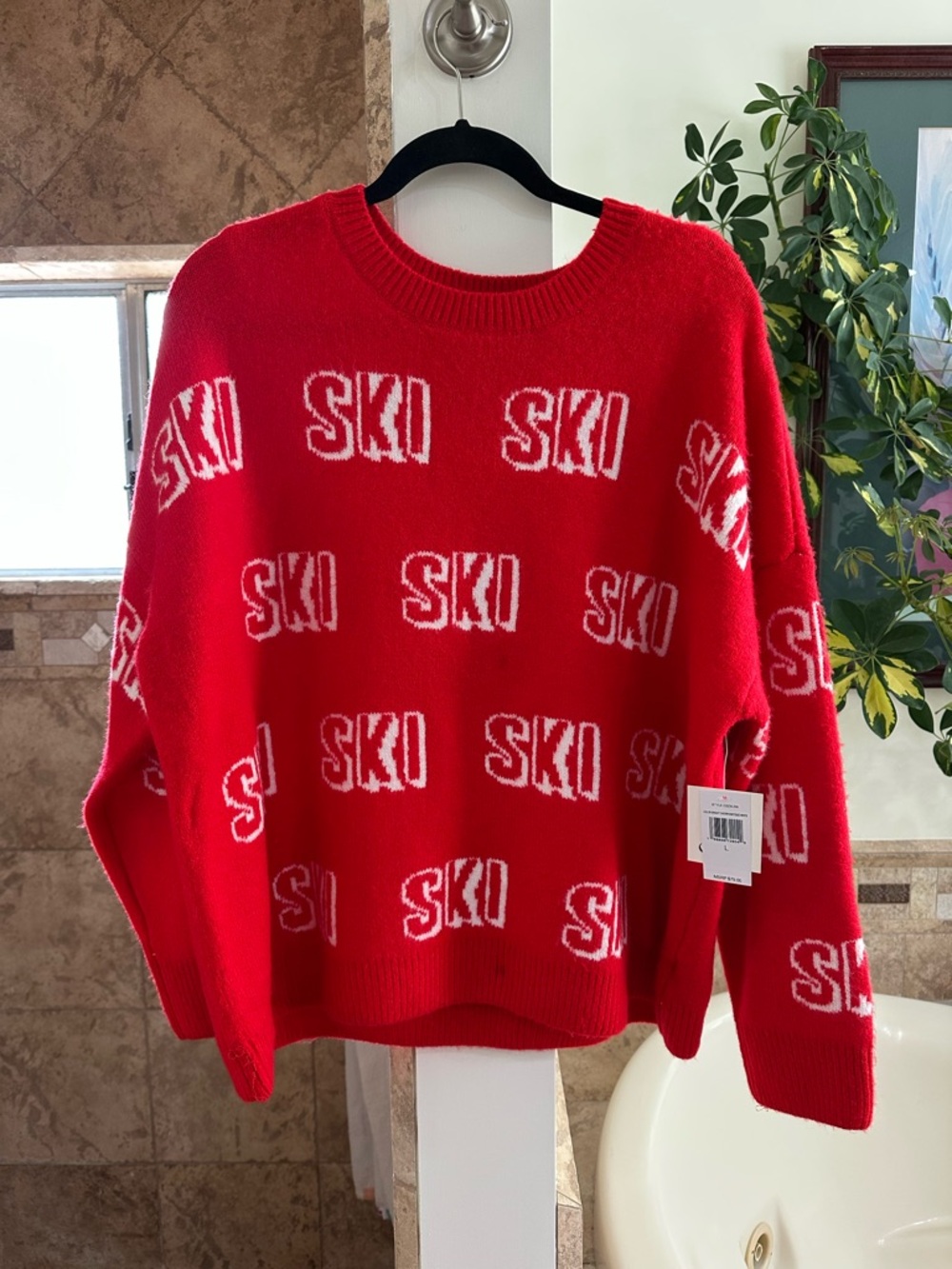 Cece Red SKI Crewneck Sweater - Women's Cozy Winter Pullover Size L - Picture 2 of 9